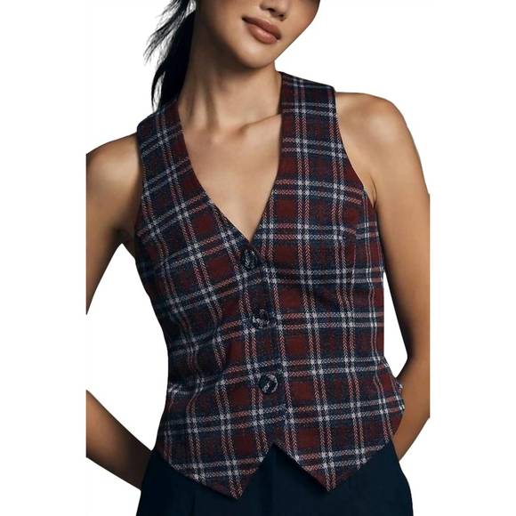 NEW EVA FRANCO plaid button-front vest in navy - Picture 4 of 4